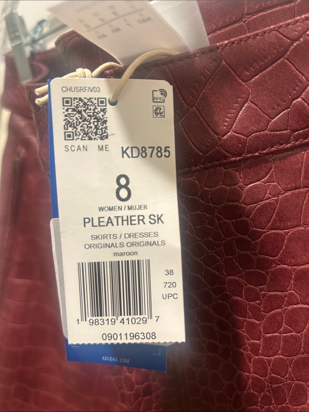 adidas Burgundy Croc-Embossed Mini Skirt with White Side Stripes - Picture 2 of 5
